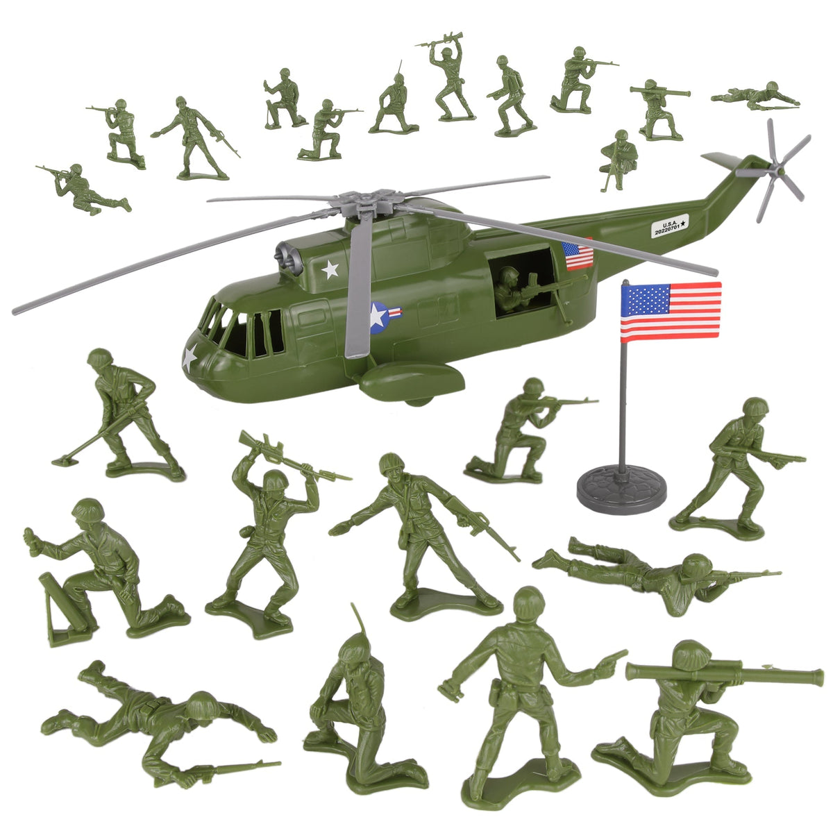 TimMee Plastic Army Men HELICOPTER Playset OD Green 26pc USA Made