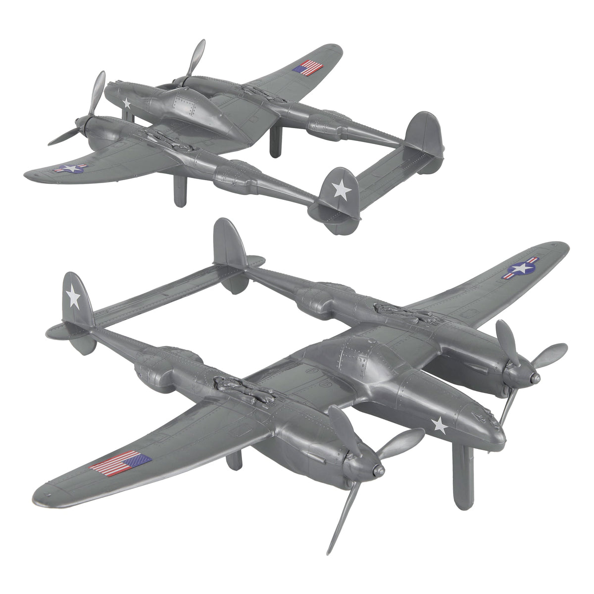 TimMee WW2 P-38 Lightning Fighter Plane - 2pc Silver Plastic Army
