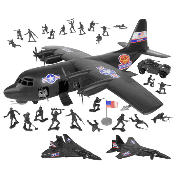 TimMee Plastic Army Men C130 Playset Black 29pc Giant Military