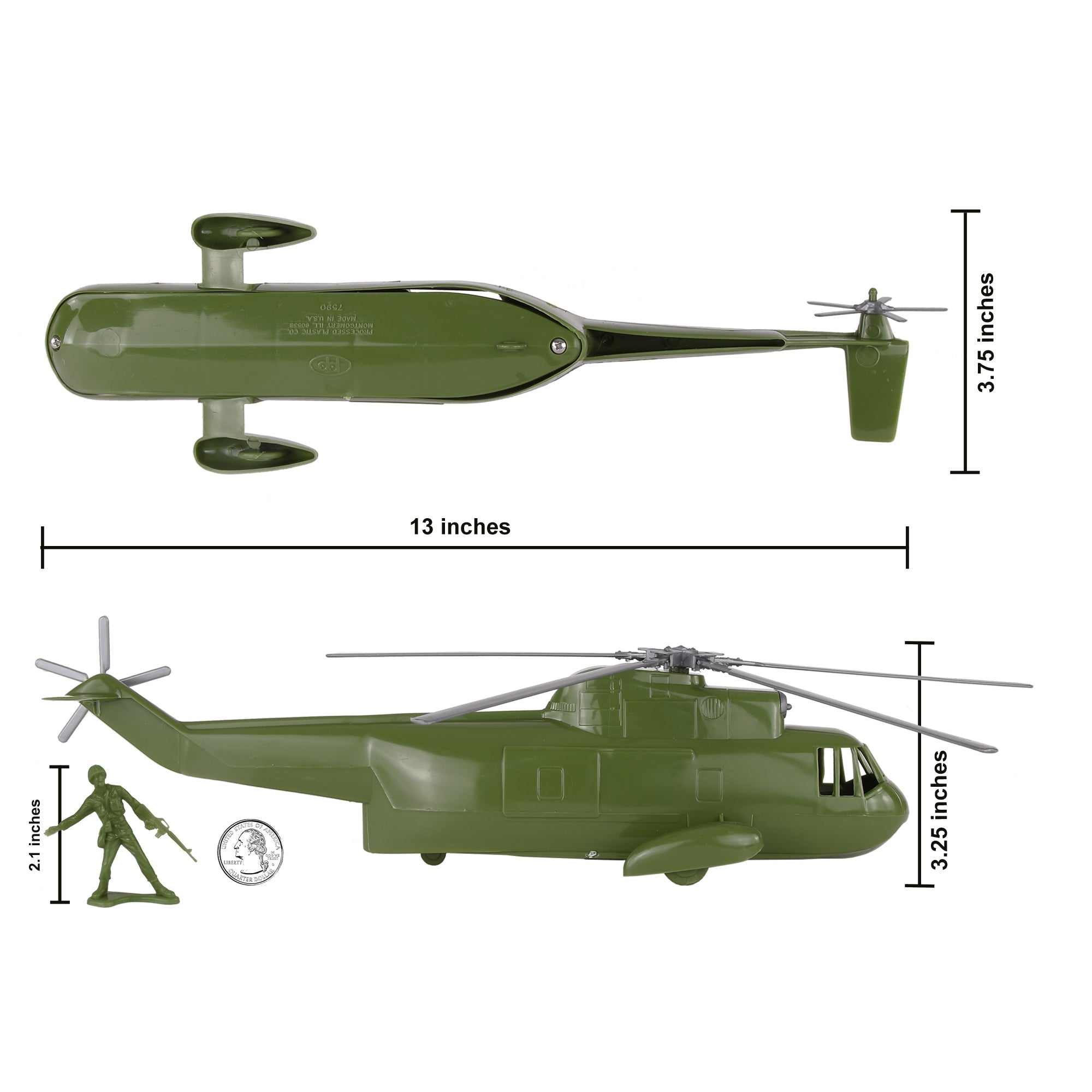 TimMee Plastic Army Men HELICOPTER Playset OD Green 26pc USA Made