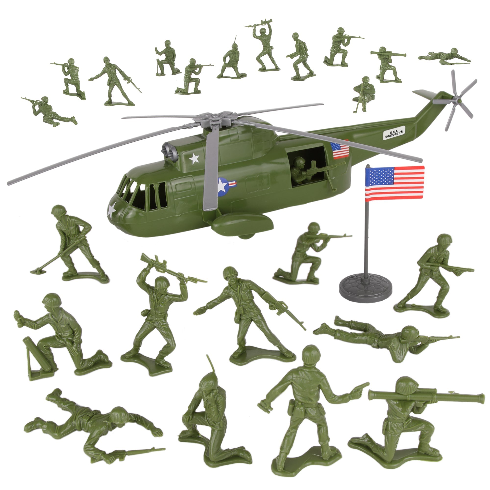 TimMee Plastic Army Men HELICOPTER Playset OD Green 26pc USA Made