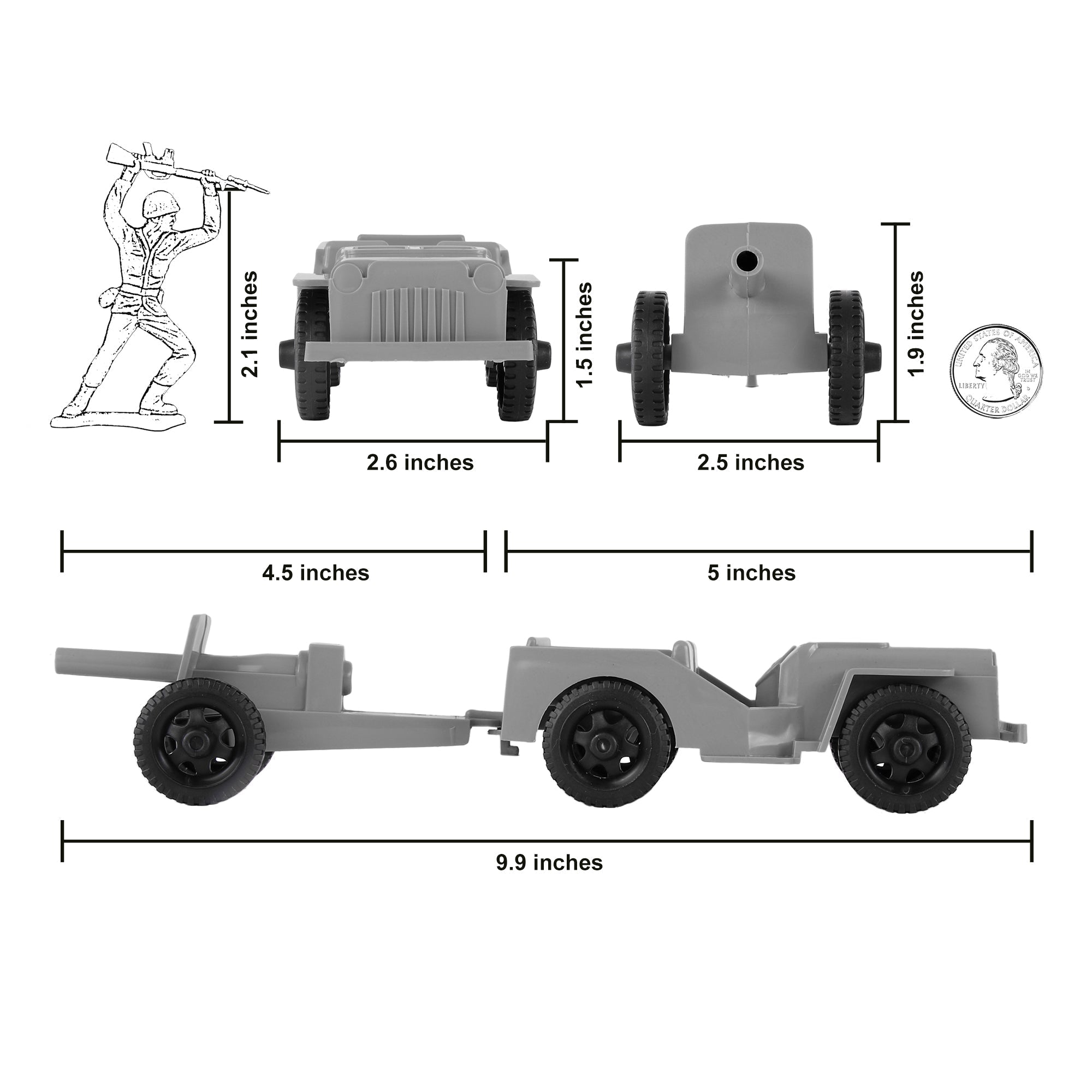 TimMee COMBAT PATROL Willys & Artillery - Gray 4pc Playset USA