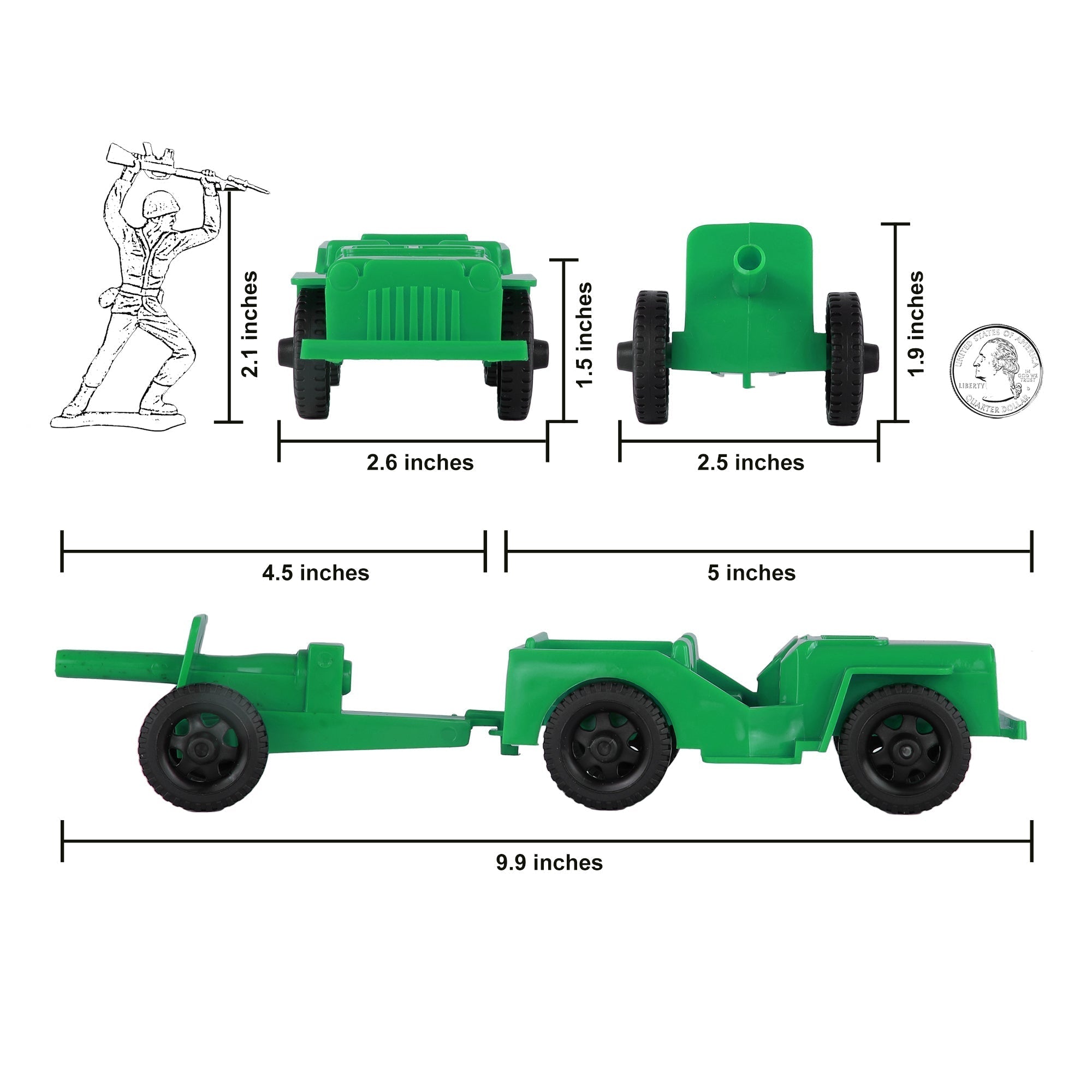 TimMee COMBAT PATROL Willys & Artillery - Green 4pc Playset USA