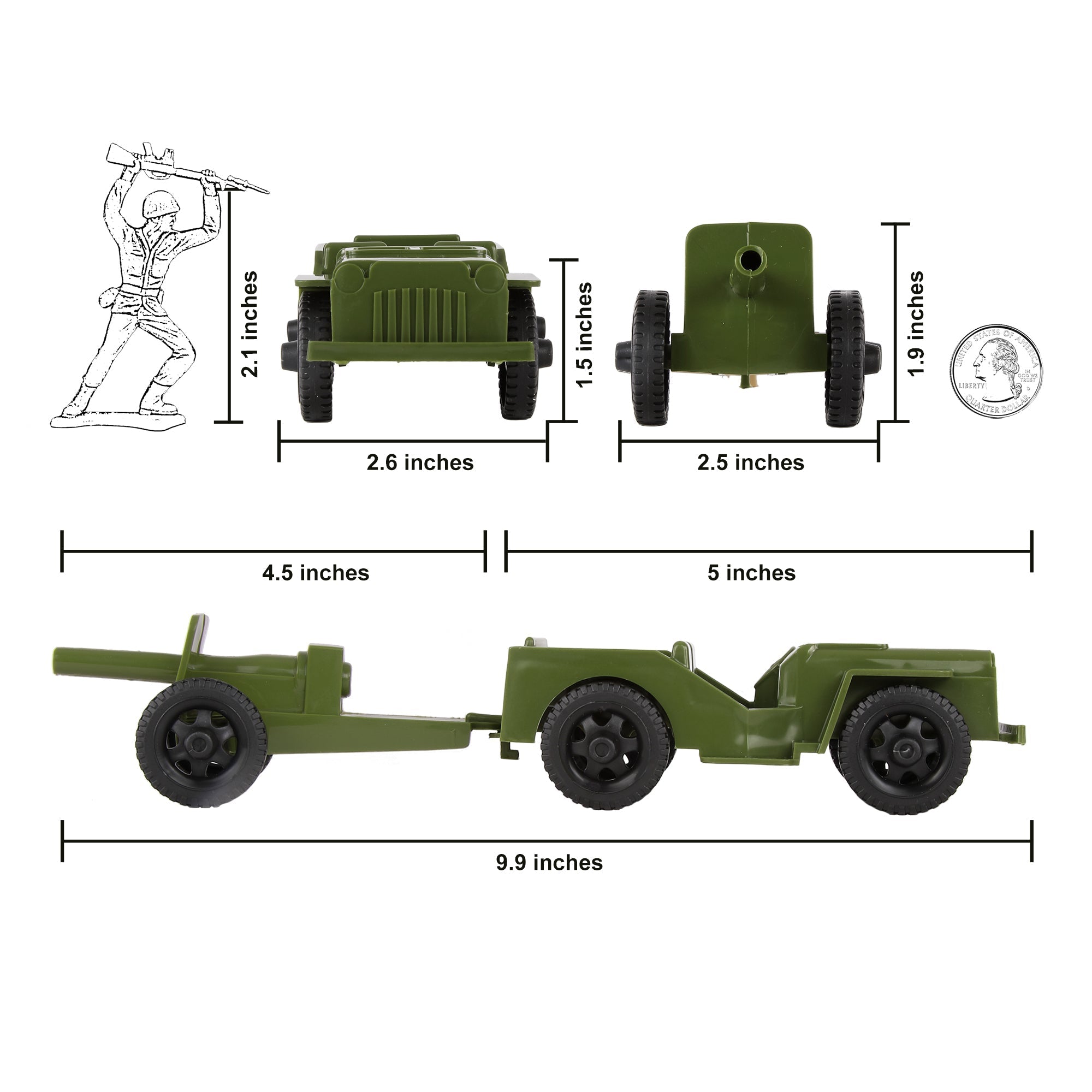 TimMee COMBAT PATROL Willys & Artillery - OD Green 4pc Playset USA
