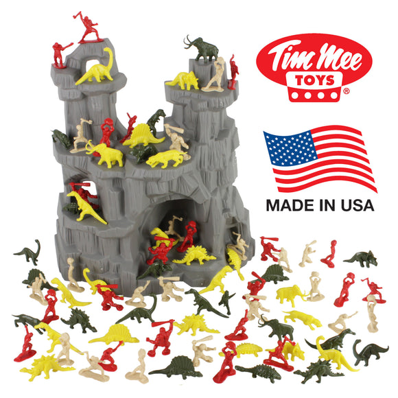 TimMee DINOSAUR MOUNTAIN Playset: 97pc Dinos vs Cavemen Figures - Made in USA